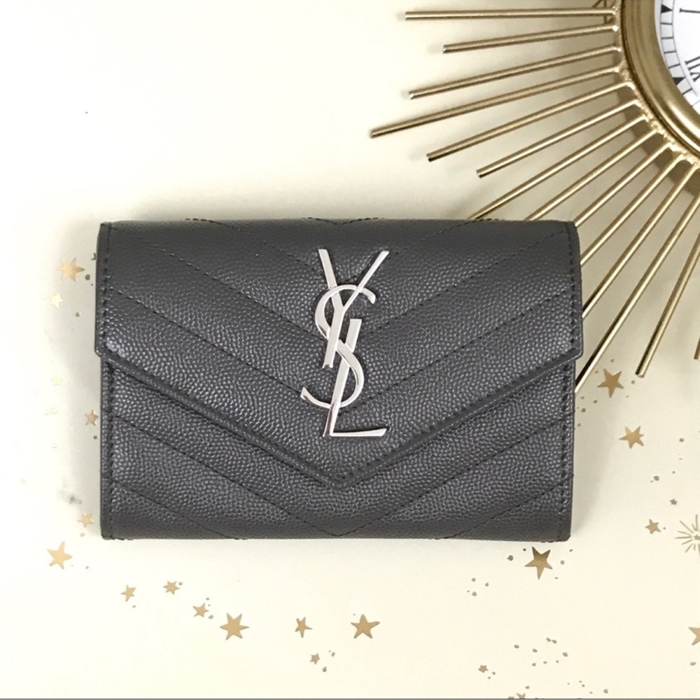 YSL Saint Laurent Monogram Envelope Wallet Grey Silver